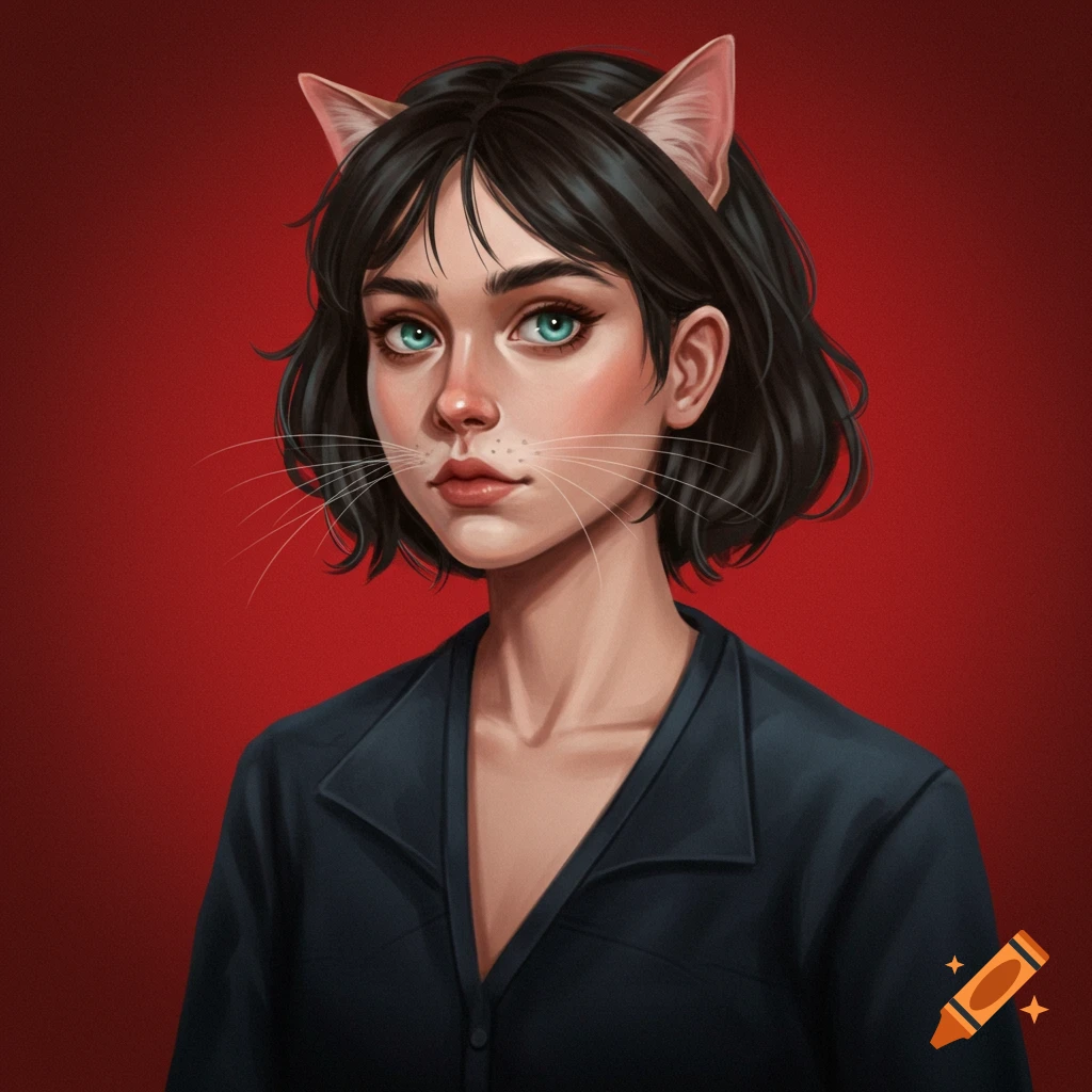 A person with cat features against a red background.