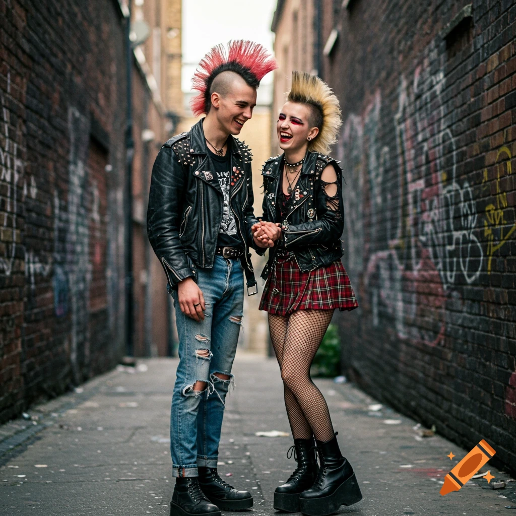 A 1980s punk rock couple stands in a graffiti-covered alley.