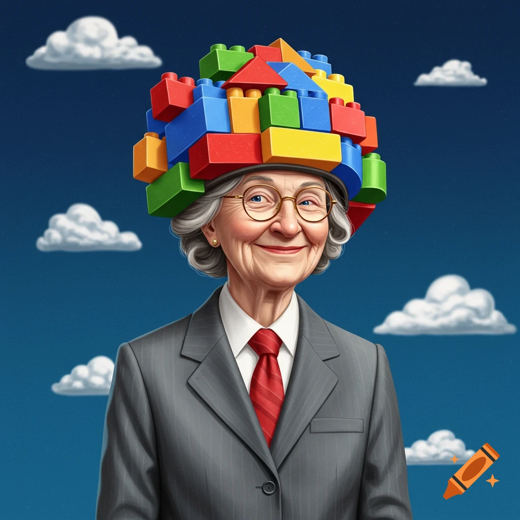 A painting of an old lady in a suit wearing a colorful building block helmet against a blue sky.