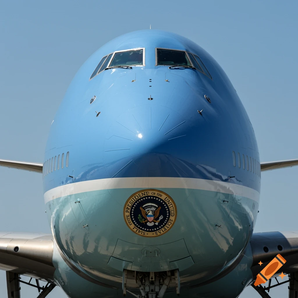 Close-up head-on view of the nose of Air Force One airplane.