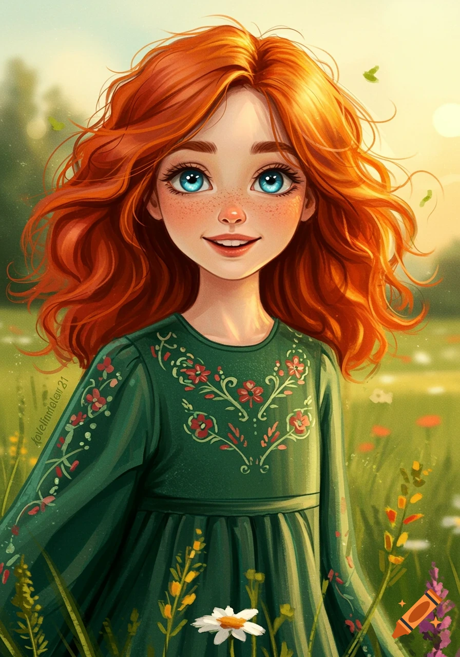 Portrait of a red-haired young girl with blue eyes smiling in a field of wildflowers.