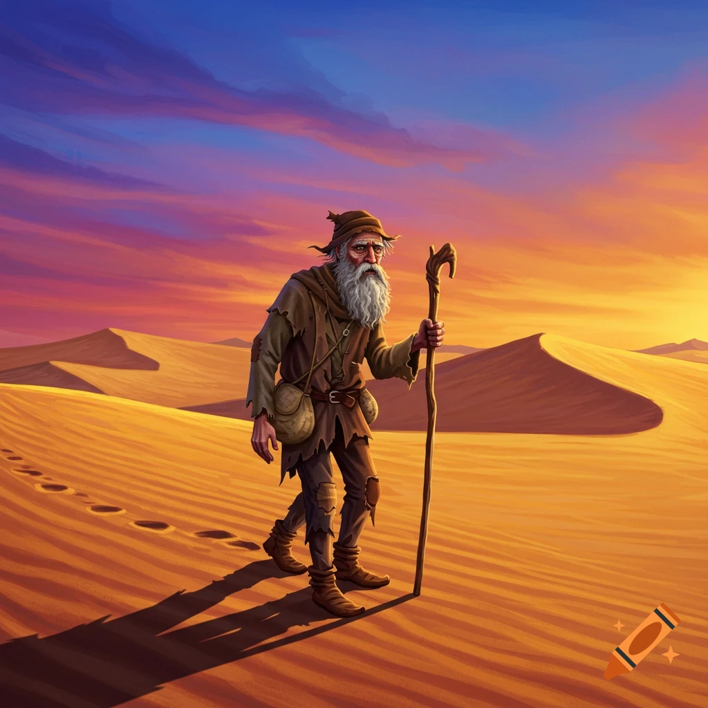 An old man with a beard and staff walks through a desert at sunset.