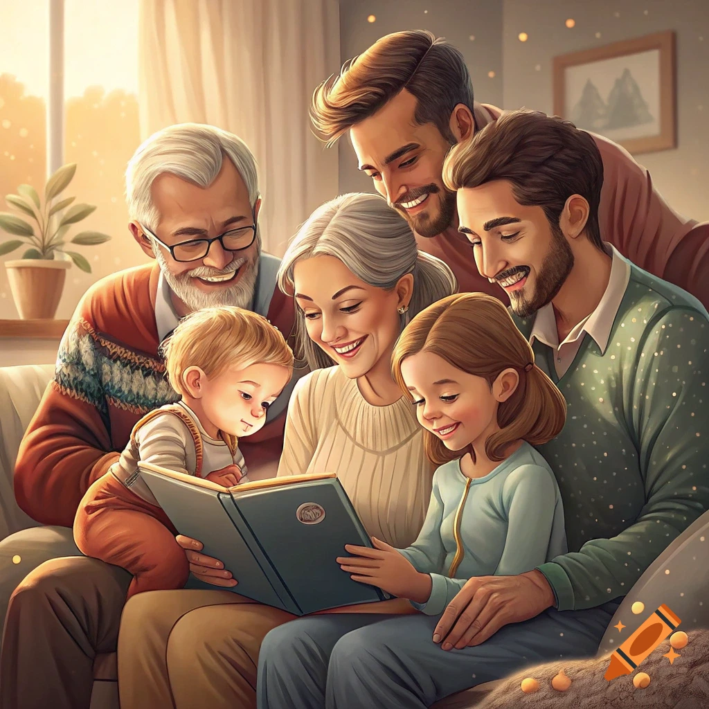 A multi-generational family reads a book together on a couch in a cozy living room.