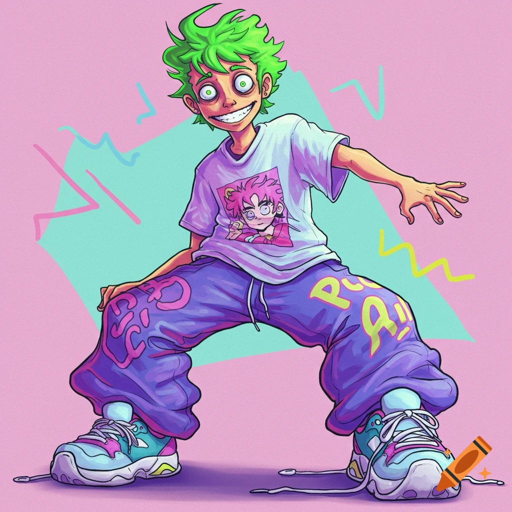 Cartoonish figure with bright green hair, wide eyes, and a grin, wearing baggy purple pants with weird text, in an exaggerated pose.