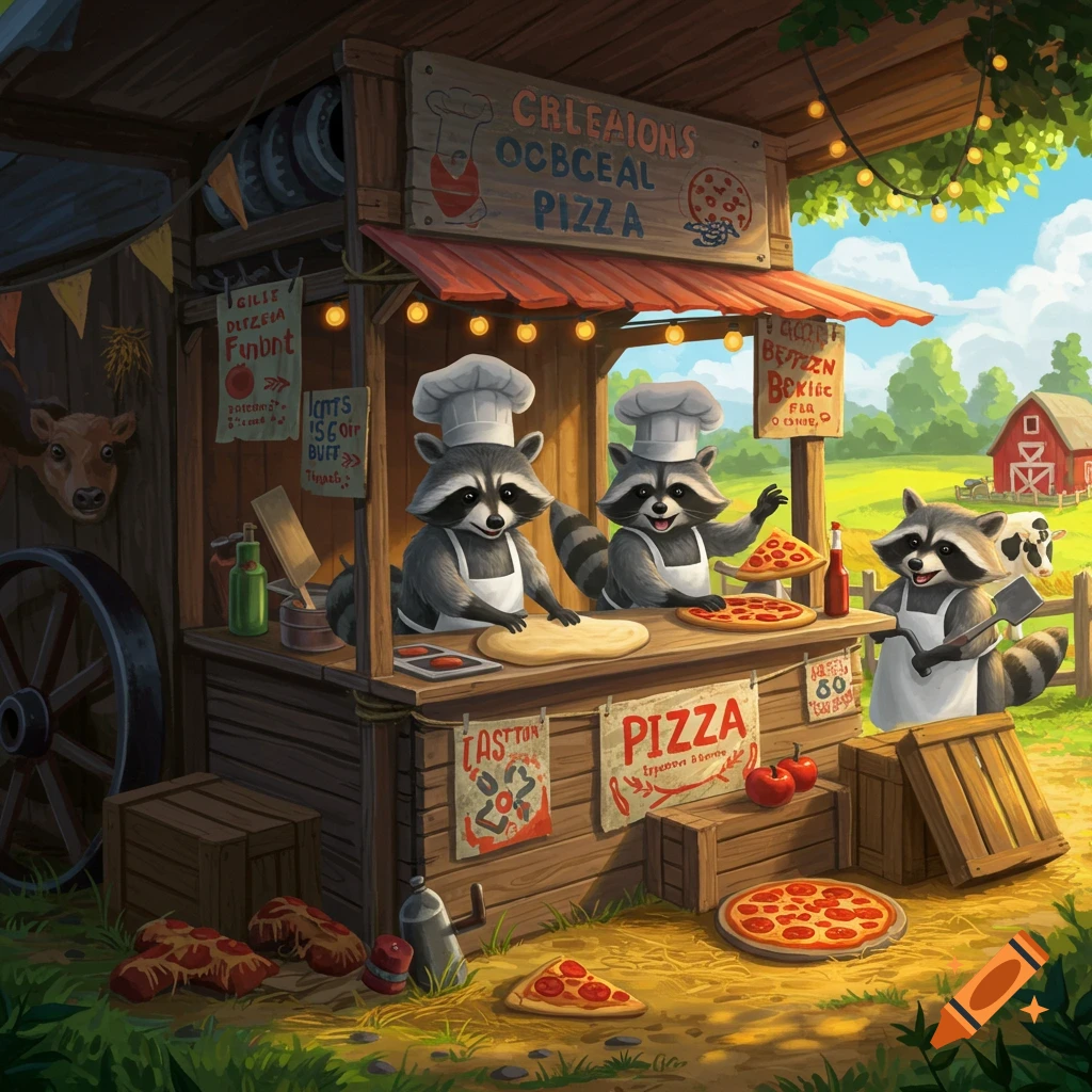 Cartoon raccoons make pizza at a stand on a farm.