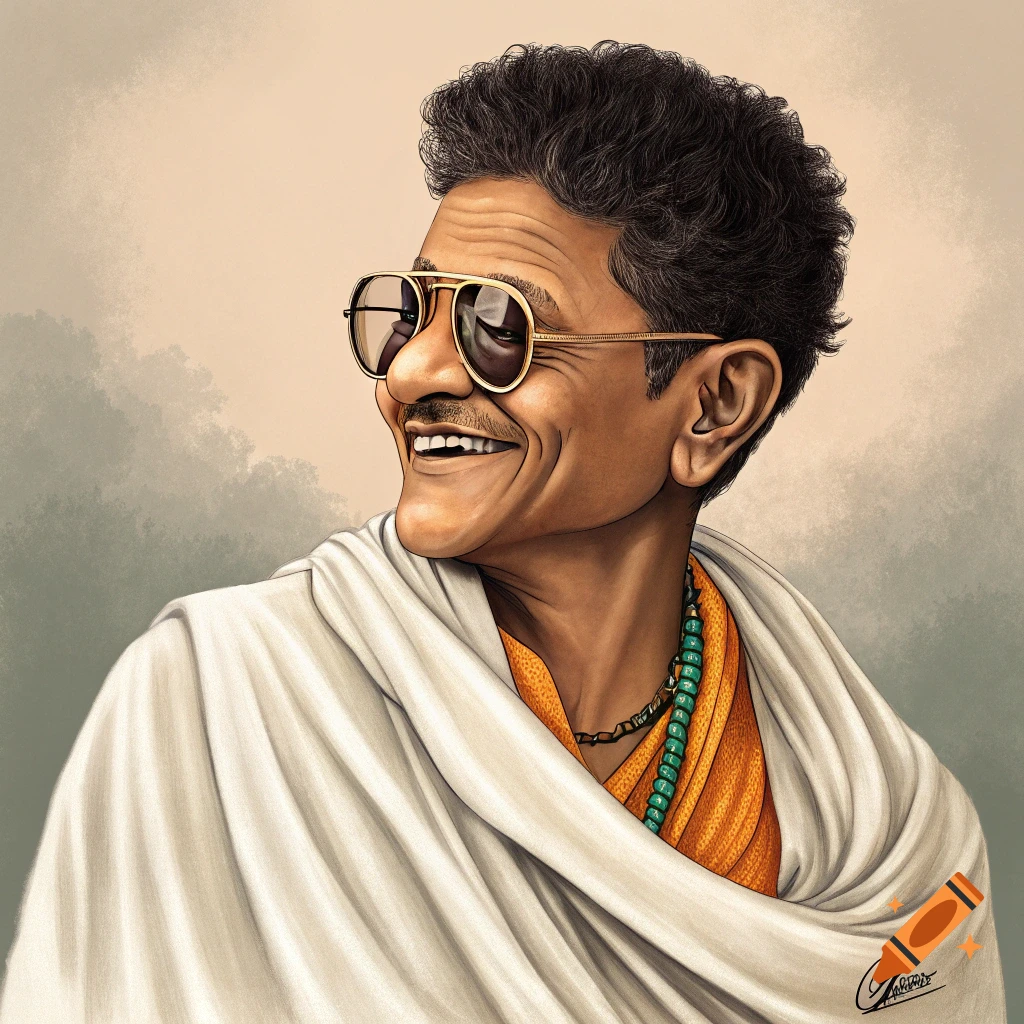 Stylized digital portrait of a smiling man blending Gandhi and Bruno Mars, wearing sunglasses and a white shawl.