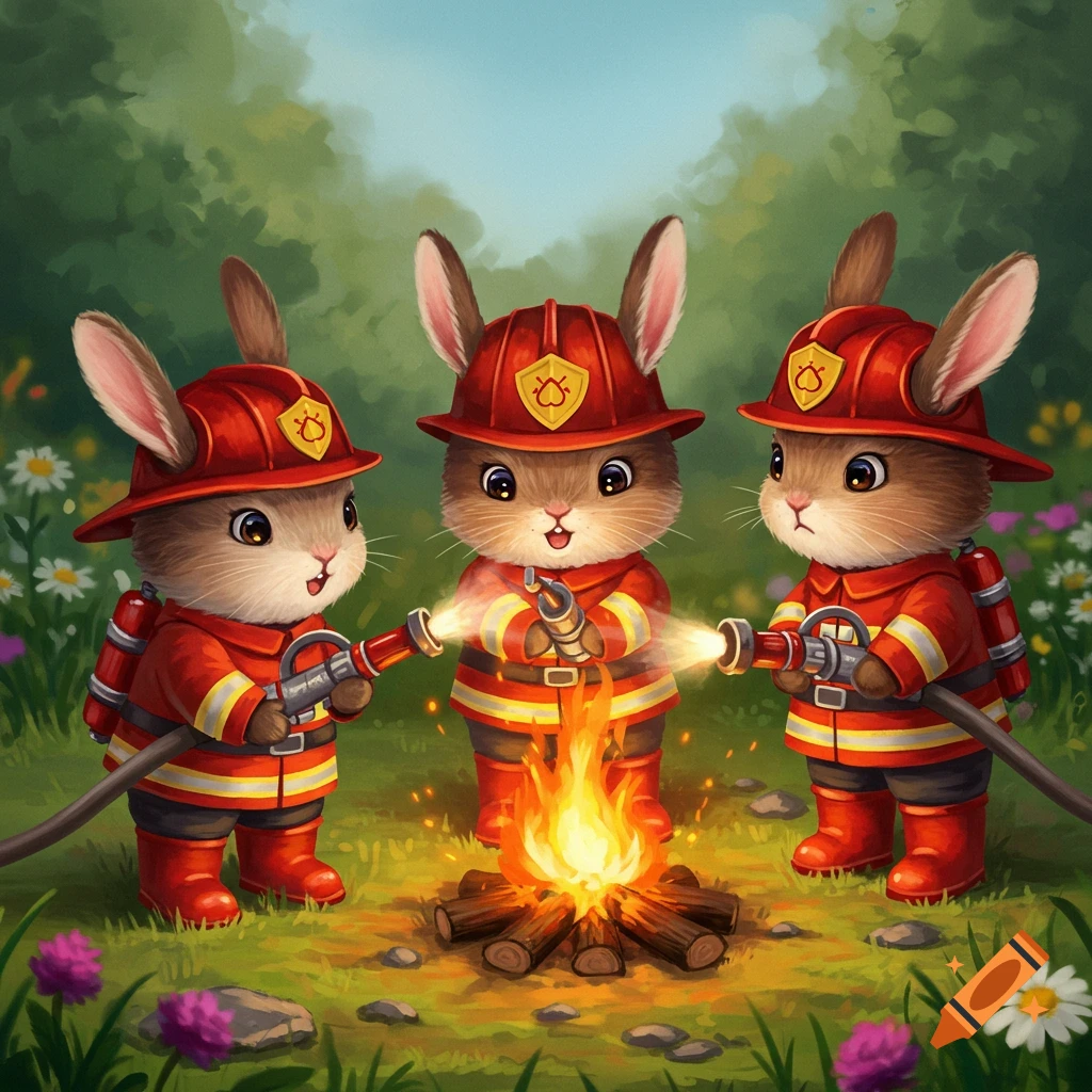 Three cartoon bunnies dressed as firefighters put out a campfire in a forest clearing.