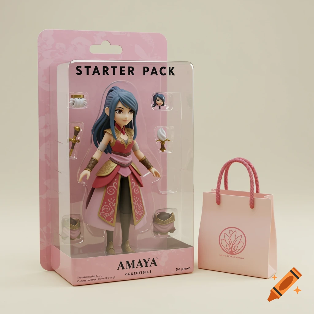 A packaged anime-style action figure labeled "Starter Pack Amaya Collectible" with a small pink shopping bag beside it.