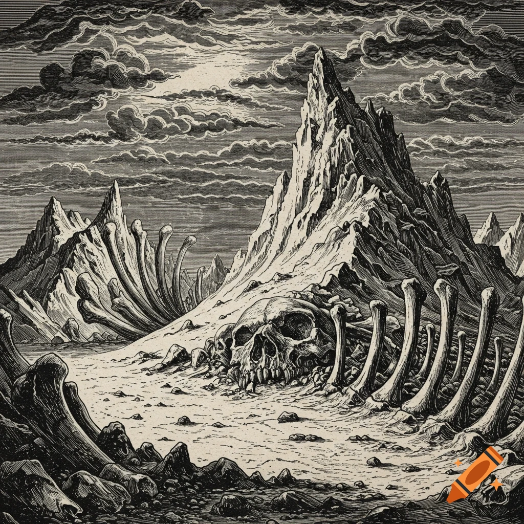 A woodcut print of a dark, mountainous landscape composed of giant bones and a skull.