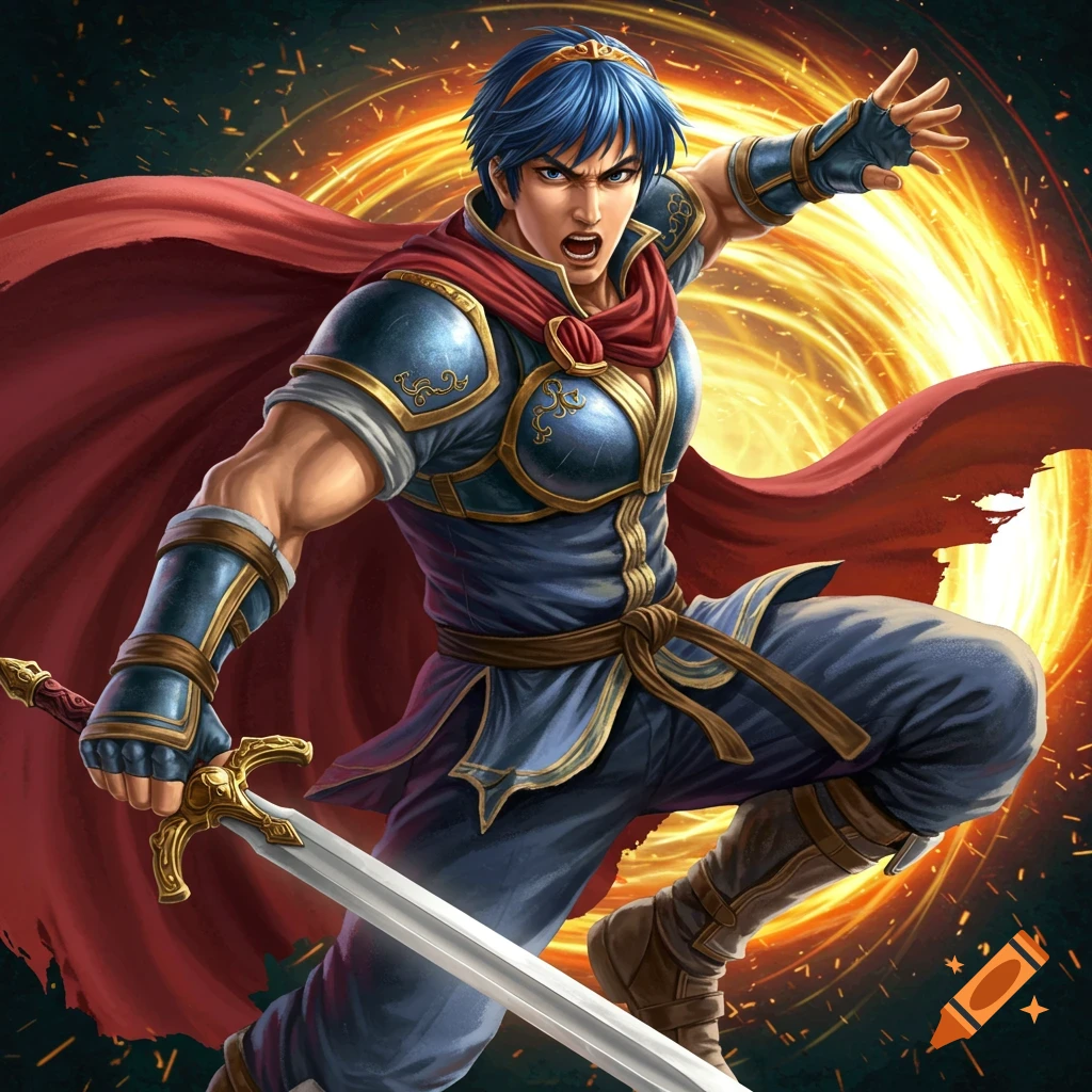 A man with blue hair and armor holding a sword, posing dynamically with a fiery aura.