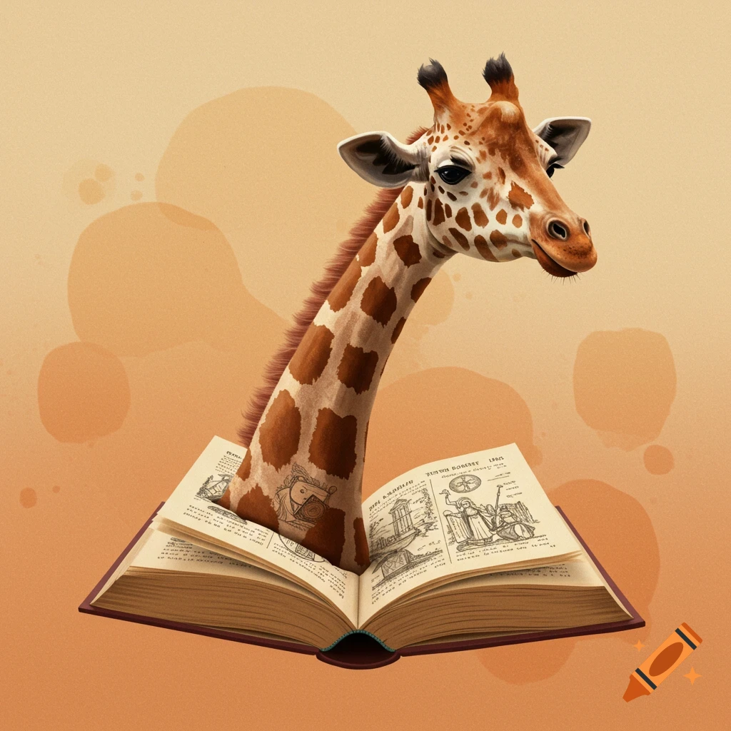 A giraffe head emerging from an open book.