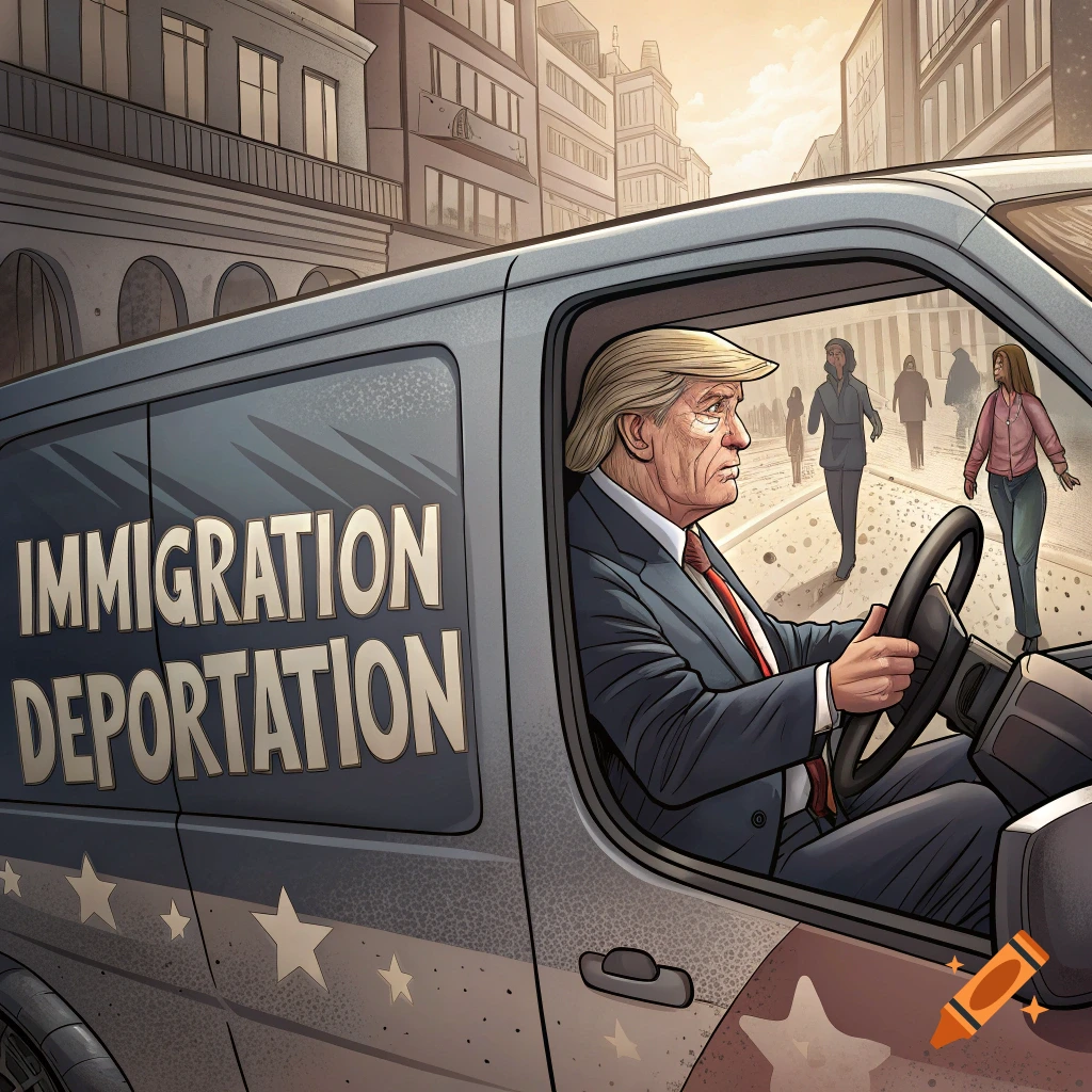 Cartoon illustration of a person resembling Donald Trump driving a van labeled "IMMIGRATION DEPORTATION" down a city street.