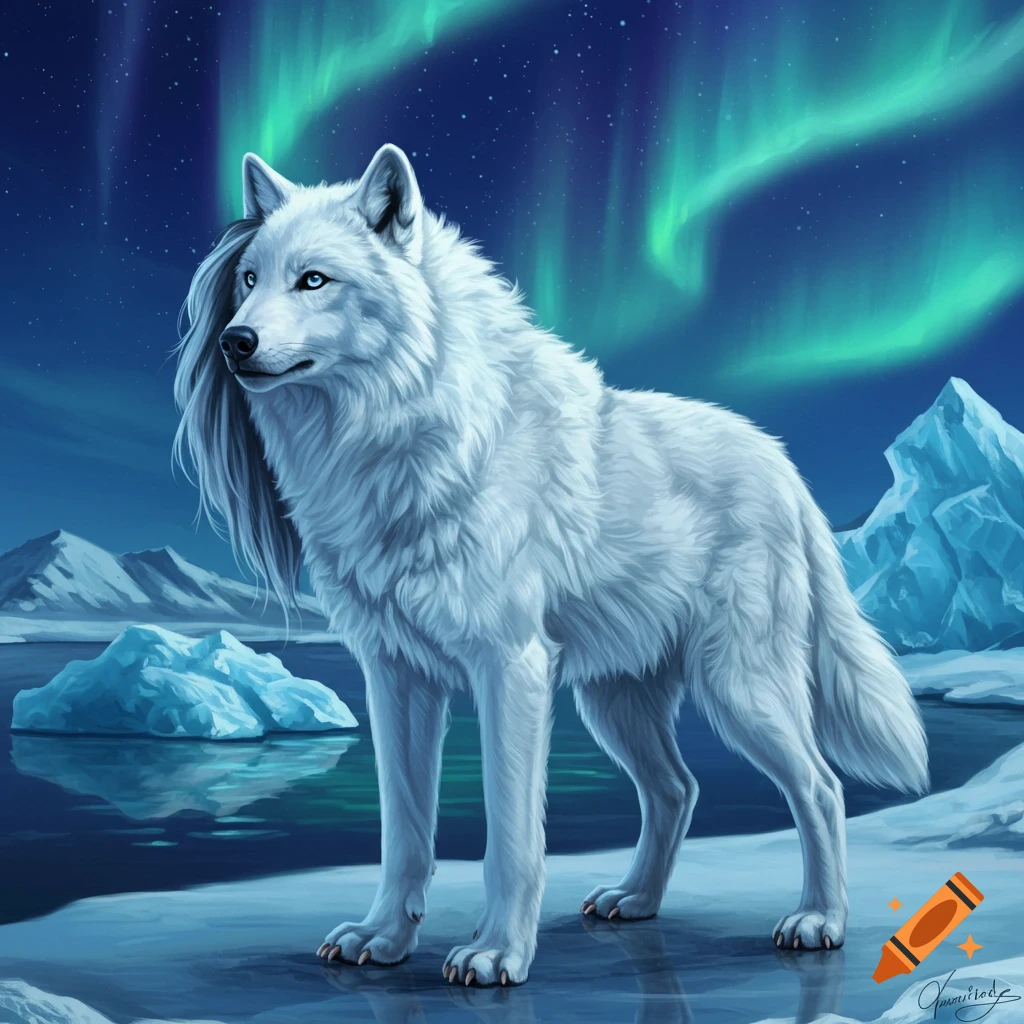 White arctic wolf stands on ice under the aurora borealis.