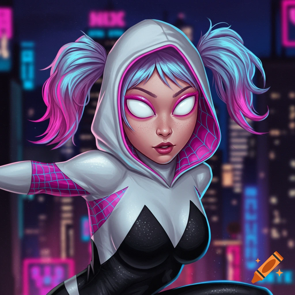 Illustration of Spider-Gwen with pink and blue pigtails in a city at night.