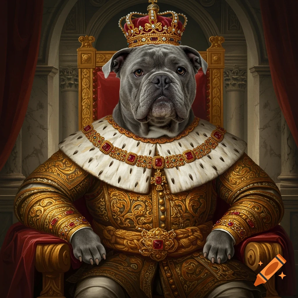 A grey bulldog dressed as an emperor sits on a throne.