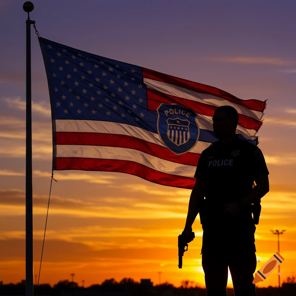 Silhouette of a police officer holding a handgun against an American flag with police symbol at sunset.