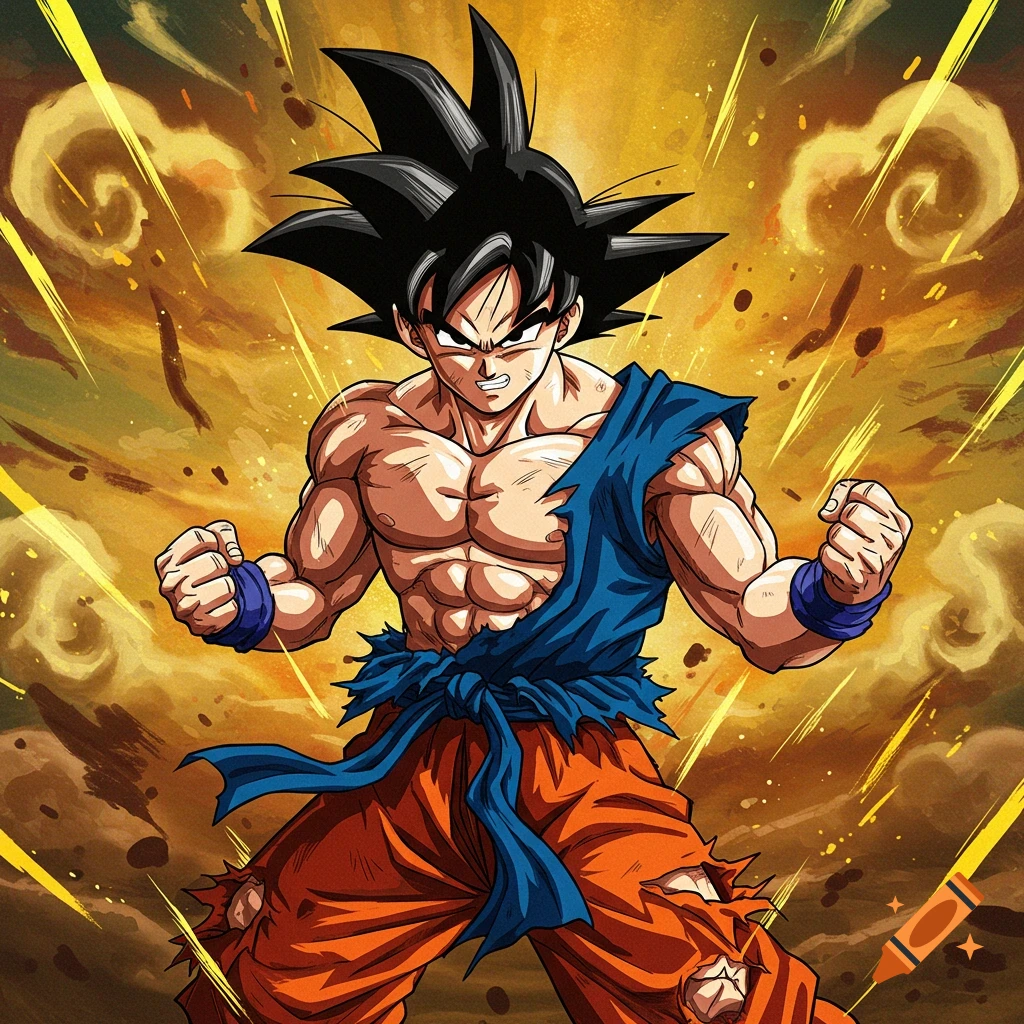 Goku in ripped clothes powering up against a yellow background.