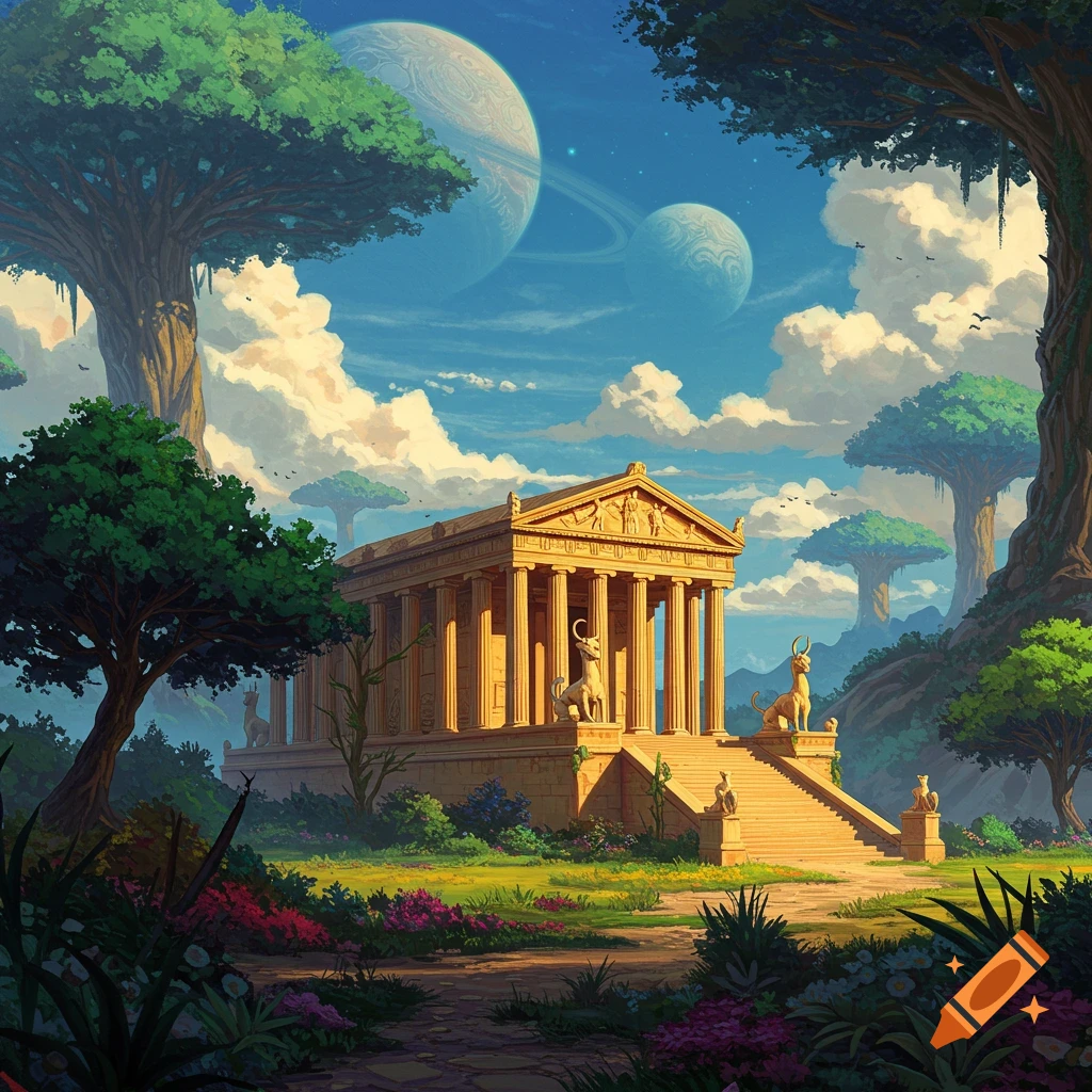 A Greek temple in a fantasy landscape with large trees and planets in the sky.