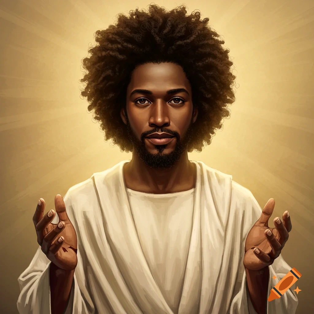 A dark-skinned man with an afro and beard, wearing a white robe, with hands raised.