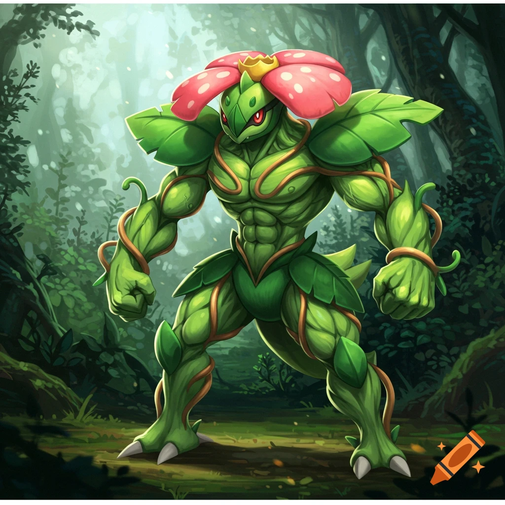 Muscular plant warrior creature in a forest, fantasy illustration style
