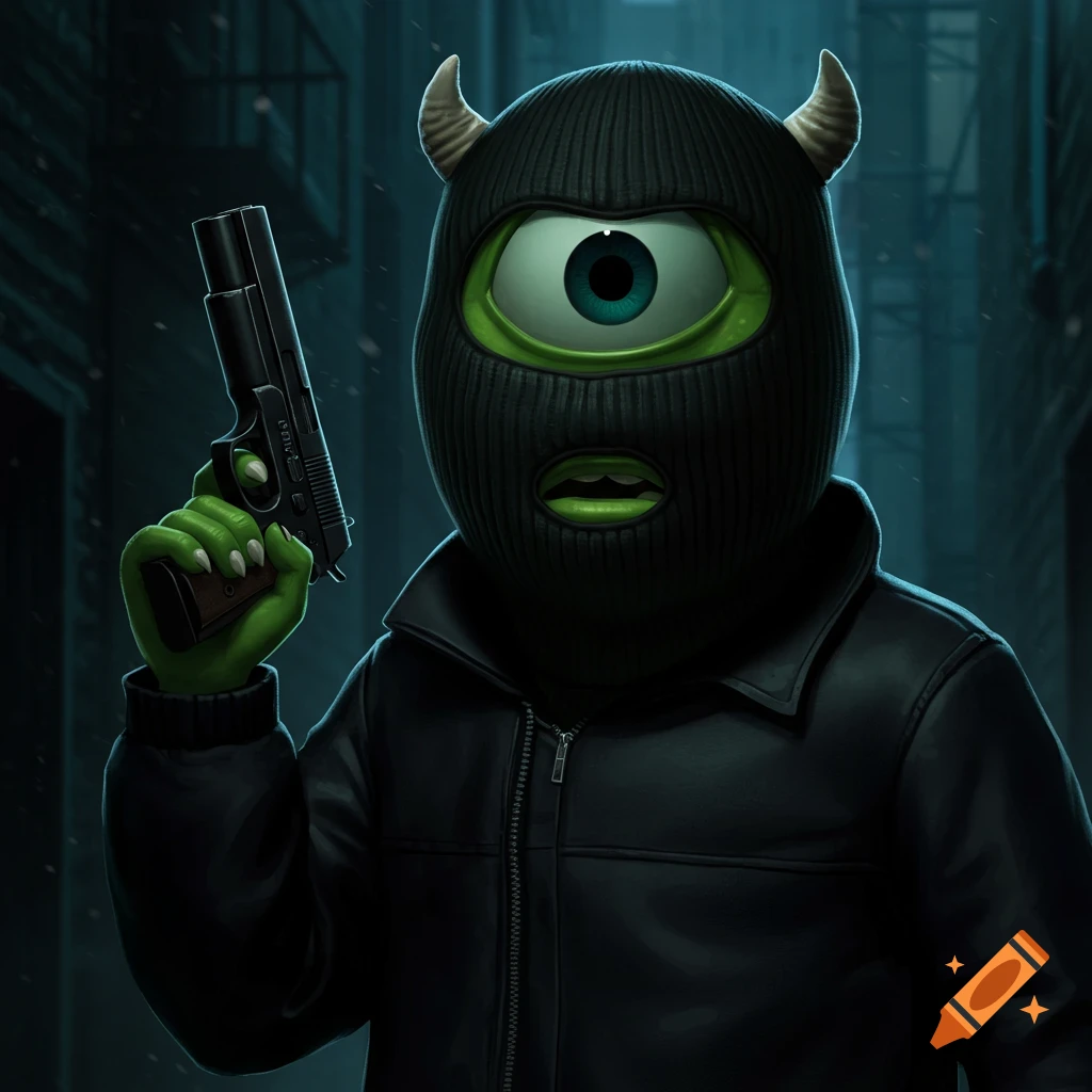 Mike Wazowski wears a ski mask and jacket, holding a pistol in a dark alley.