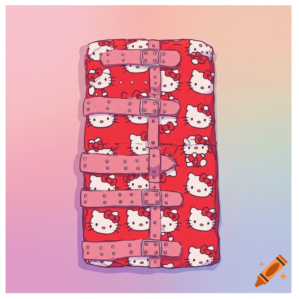 A straight jacket patterned with Hello Kitty faces and pink straps.