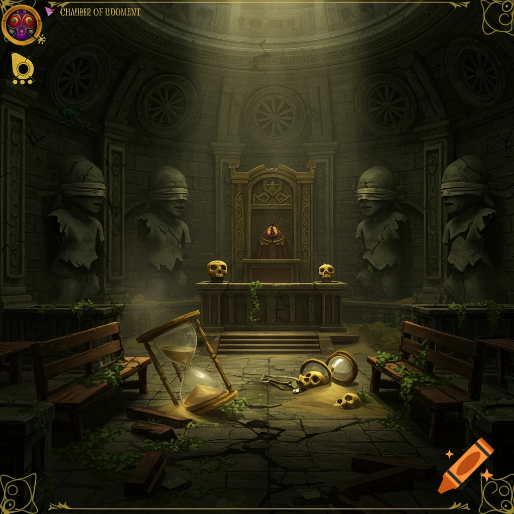 A dark, atmospheric fantasy courtroom scene with blindfolded statues, an hourglass, skulls, and benches.