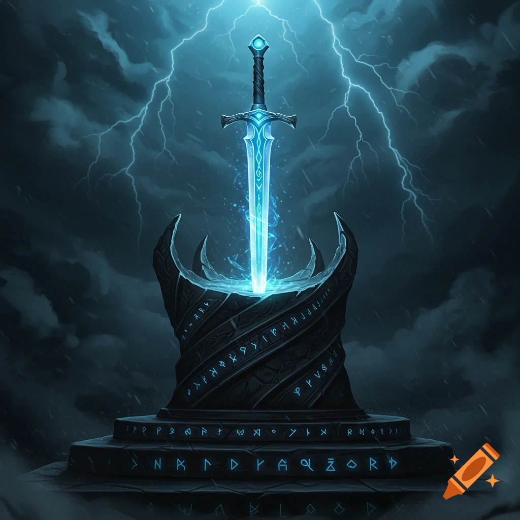 A glowing blue sword embedded in a dark, rune-covered stone pedestal during a lightning storm.