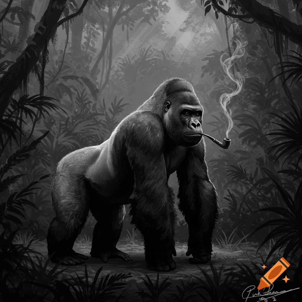 Black and white image of a gorilla smoking a pipe in a dark jungle