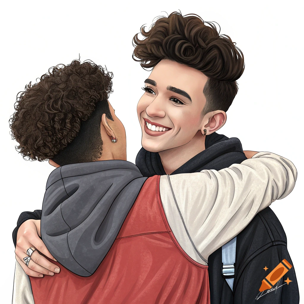 Illustration of two men smiling at a baby in a blanket on Craiyon