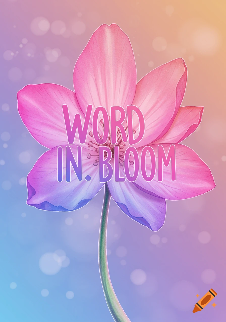 A pink and purple lotus flower with the text "WORD IN. BLOOM" and a gradient background.