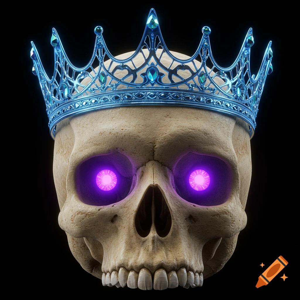 Skull with purple eyes and a light blue crown