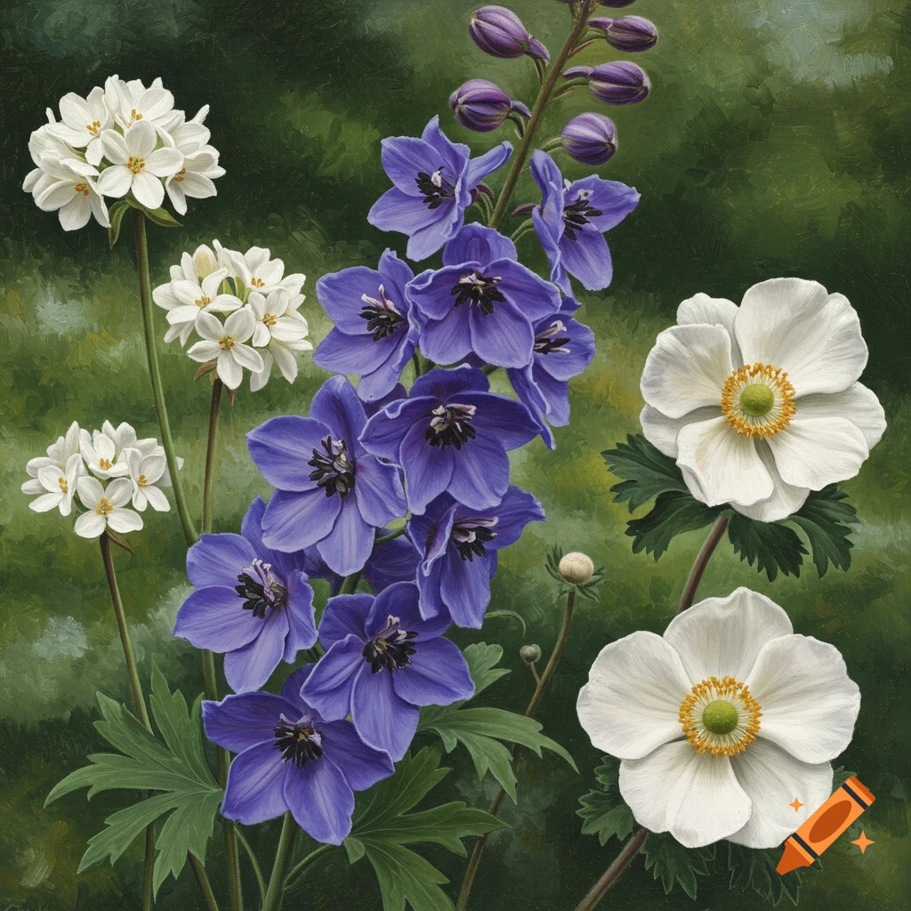 Painting of white and purple flowers against a green background