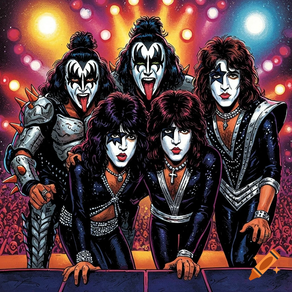 The band Kiss performing on stage with face paint and costumes.