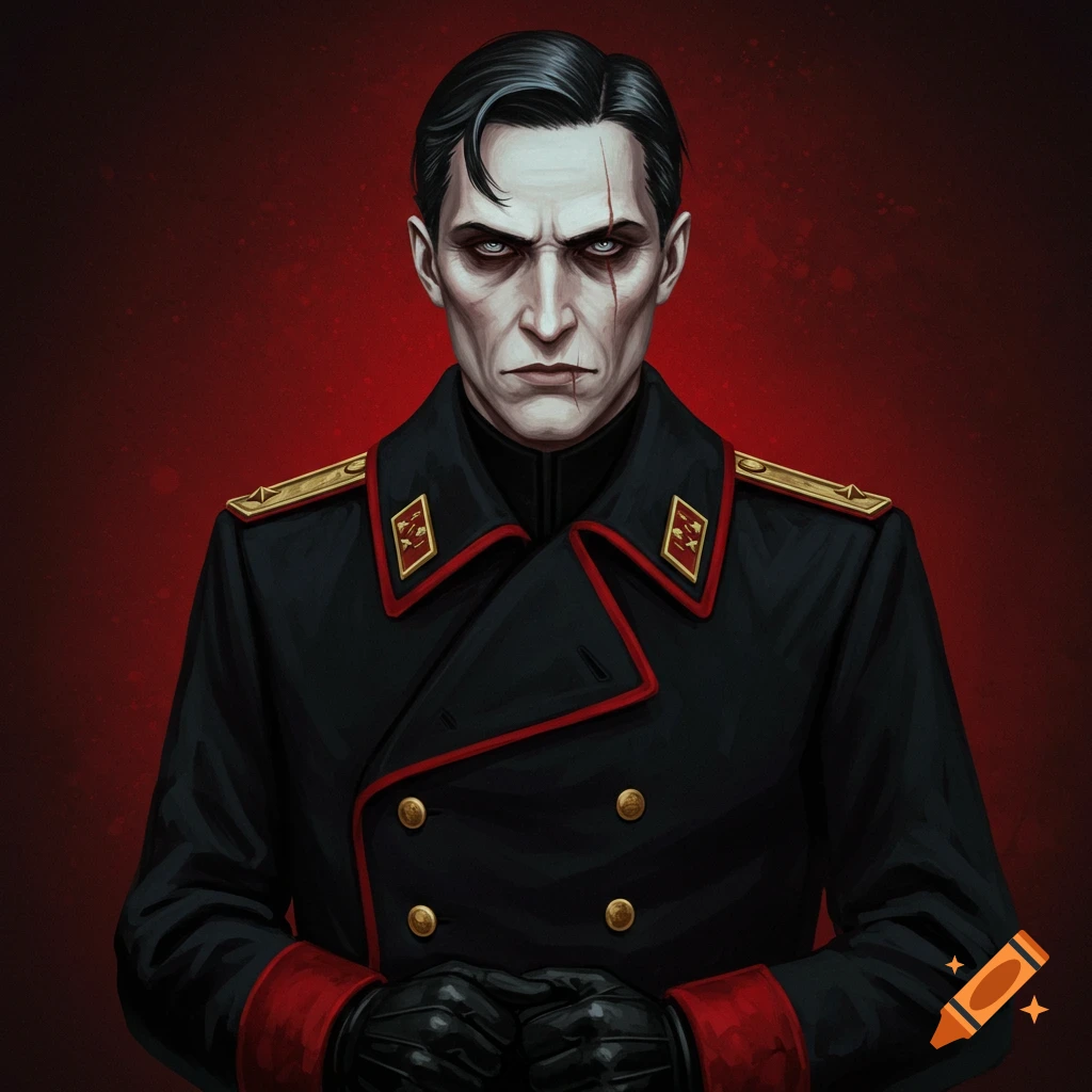 A stern man with scars in a military uniform.