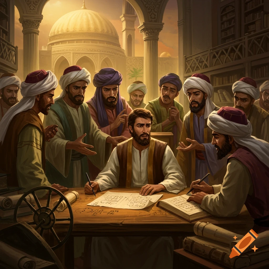 Image of historical scholars discussing and writing around a table.