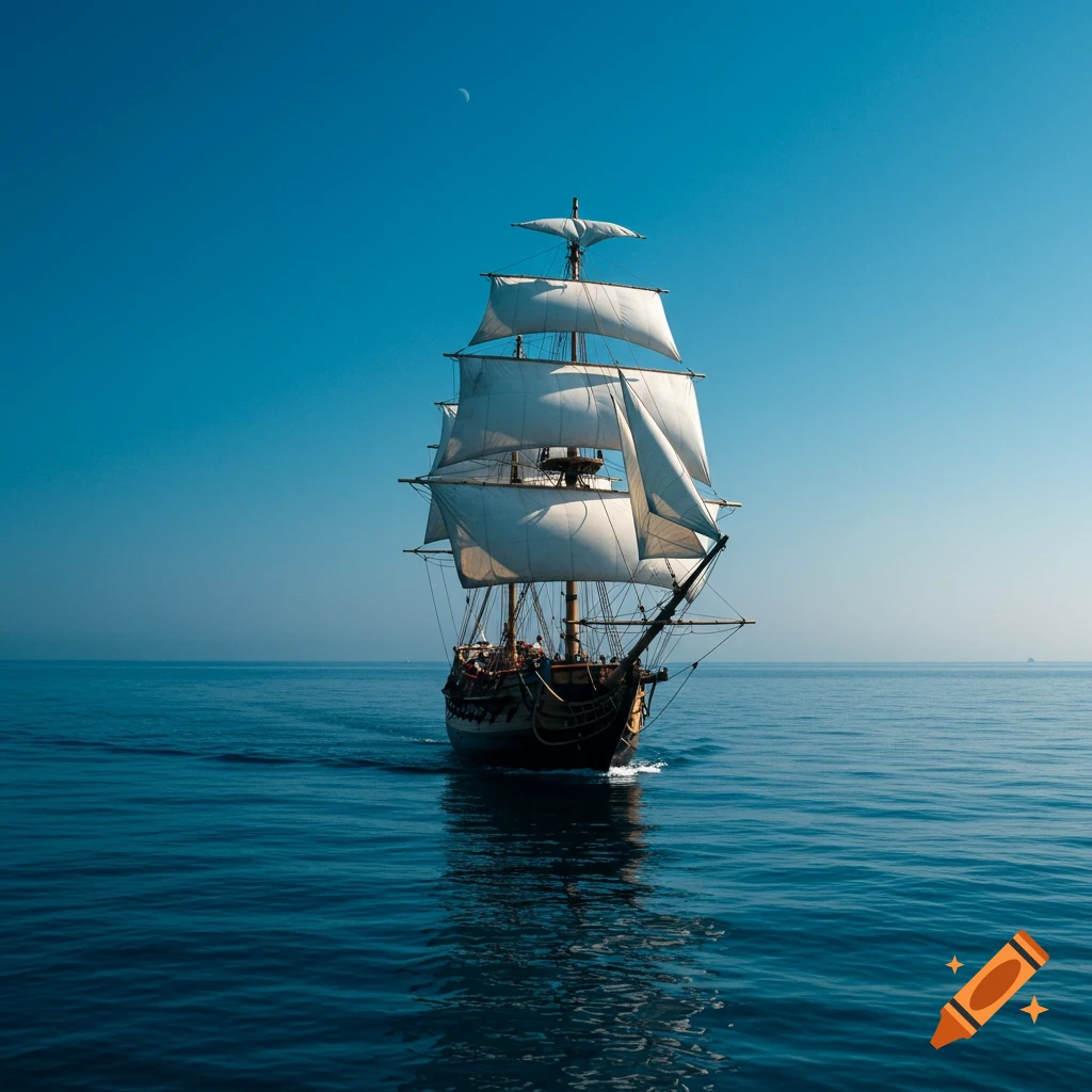 A tall ship with full sails glides across a calm blue ocean under a clear sky with a crescent moon.