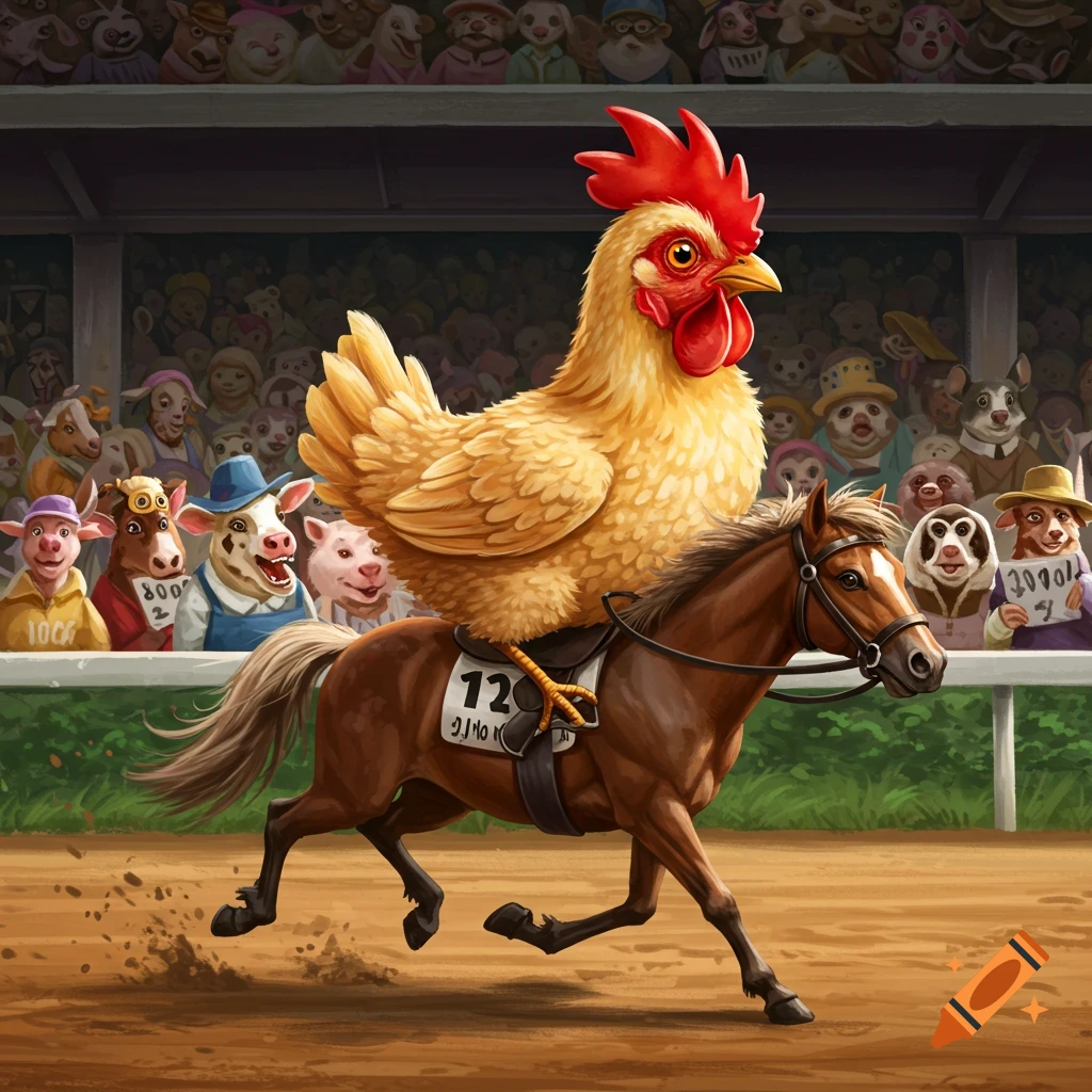 Cicken Rides Cartoon chicken riding a horse while holding an American flag in a ...