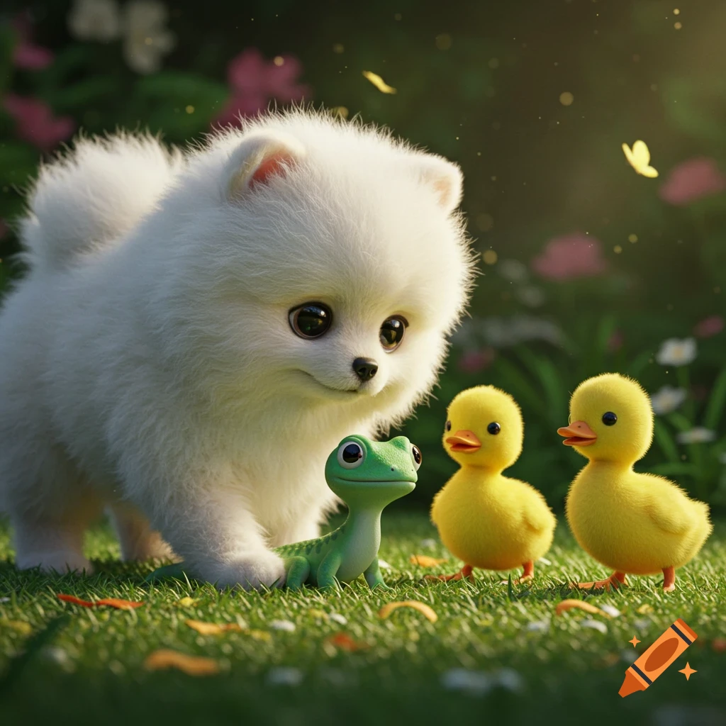 A cute white Pomeranian watches a green frog and two yellow ducklings on grass.