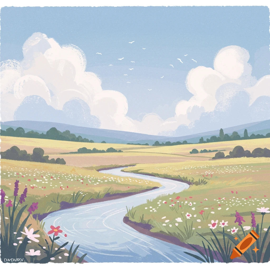 Stylized landscape painting of a river winding through a field of wildflowers under a cloudy sky.