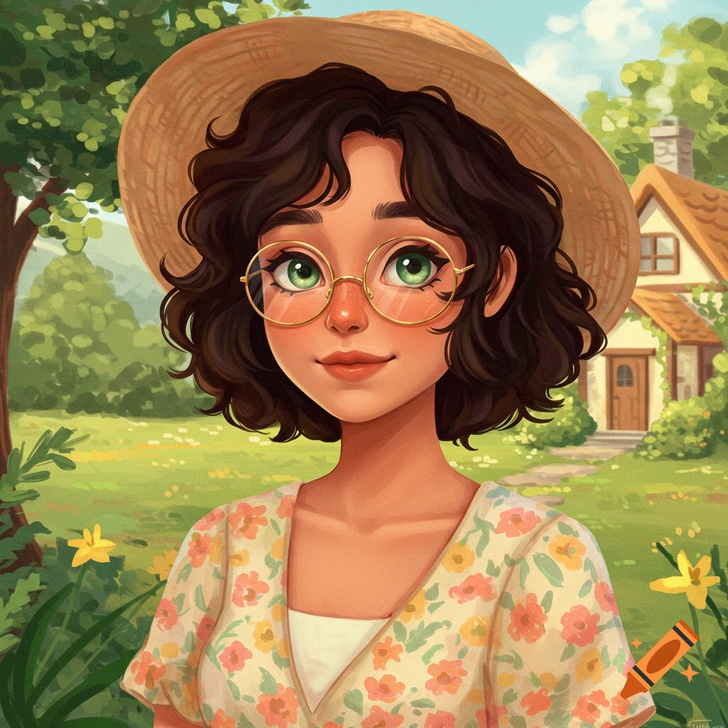 A cottagecore girl with curly brown hair, green eyes, and glasses is in a garden.