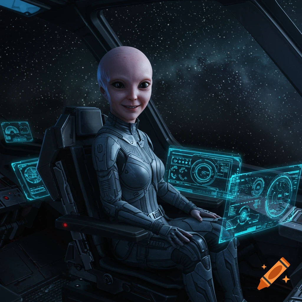 An alien in a spaceship cockpit smiling at the camera