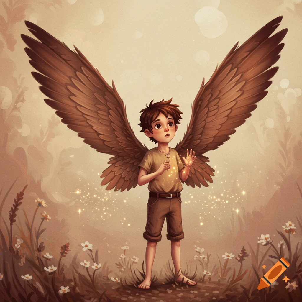 A young boy with large brown wings stands in a forest clearing, looking up with a curious expression.