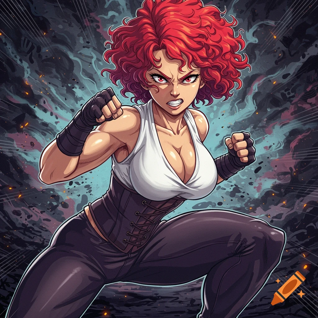 Dynamic anime illustration of a red-haired woman in a fighting stance, wearing a white top and corset.