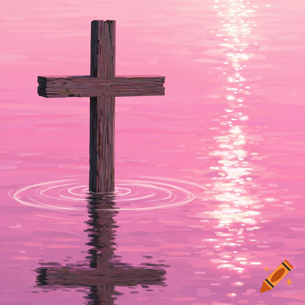 A wooden cross stands in pink water, reflecting the sun.