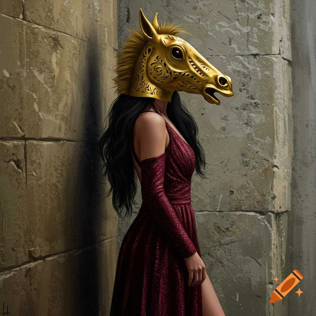 A woman in a gold horse mask and red dress is standing by a stone wall.