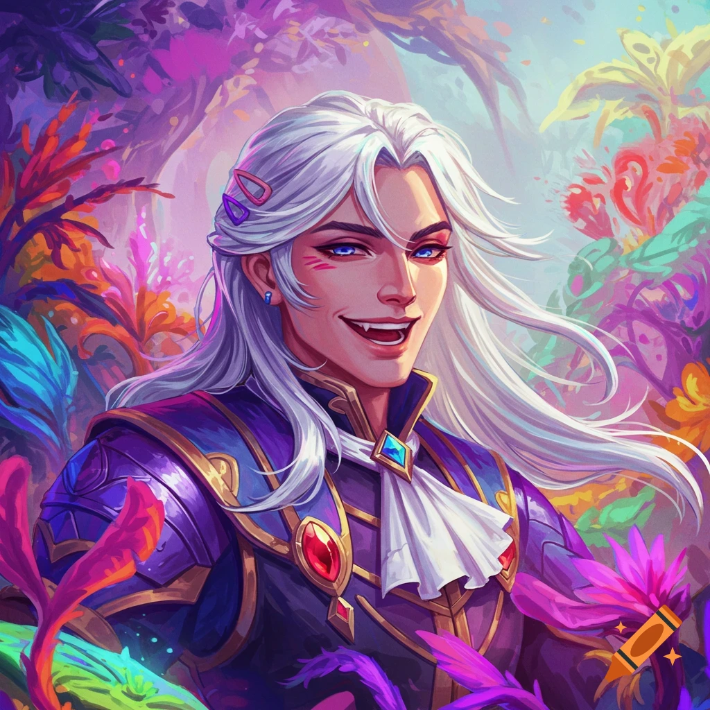A fantasy character with white hair and fangs is in a colorful forest.