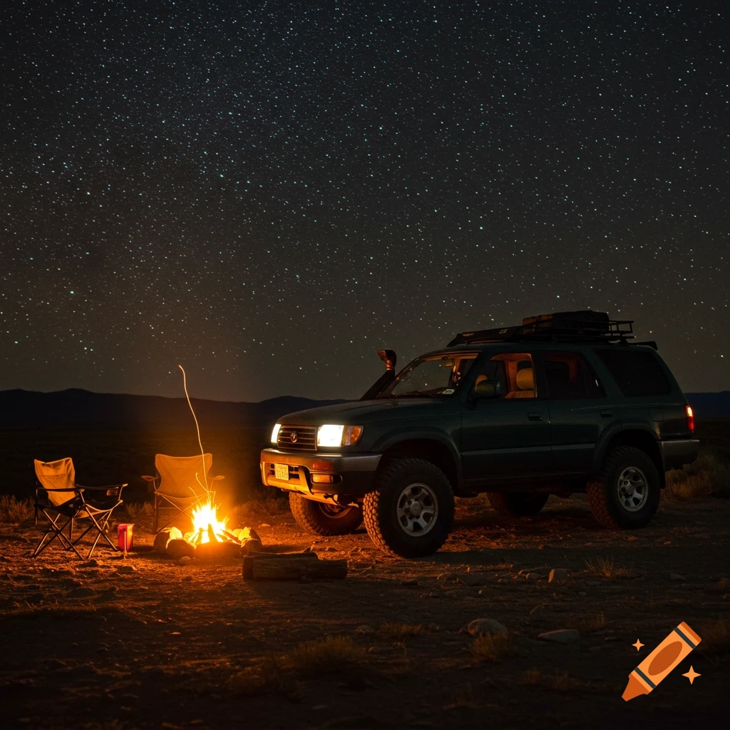 Dark green SUV parked next to a campfire and chairs under a starry night sky.