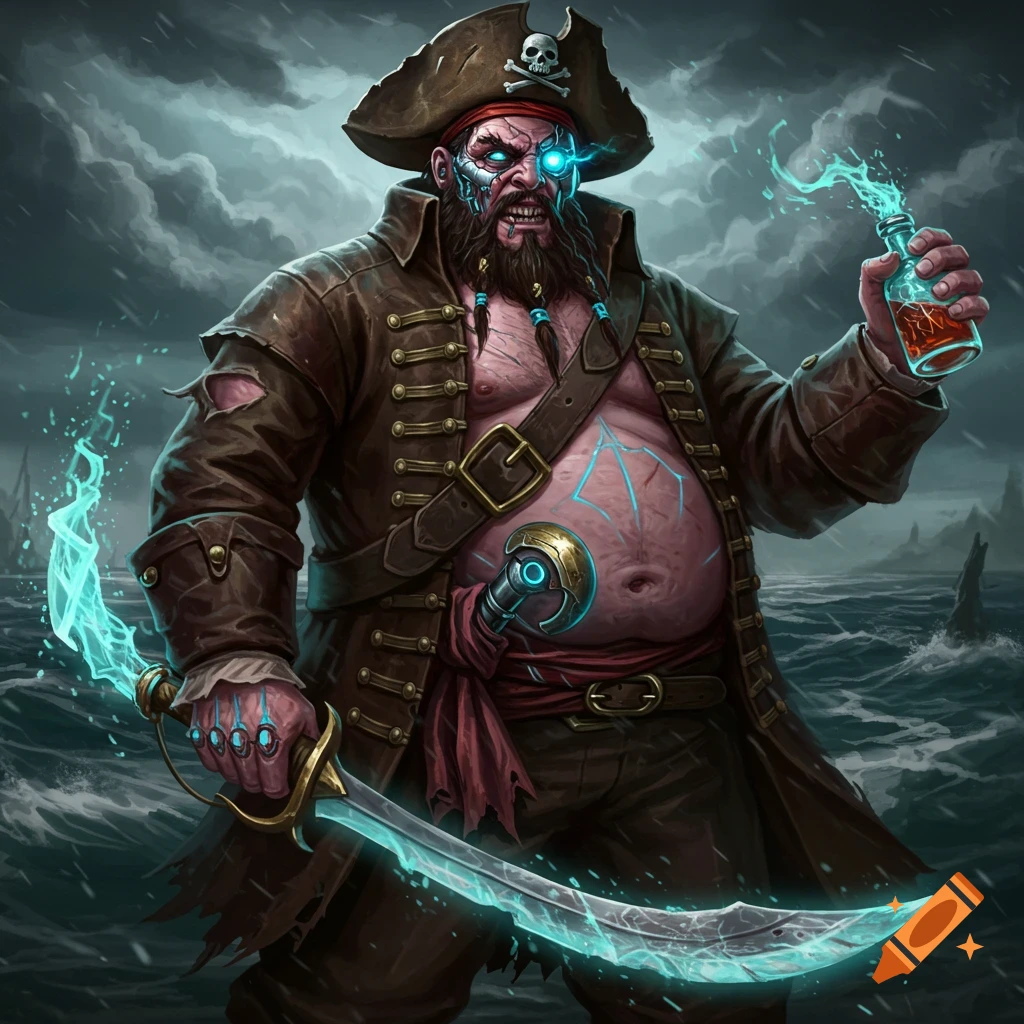 A fat cyborg pirate stands on a stormy sea, holding a glowing sword and bottle.