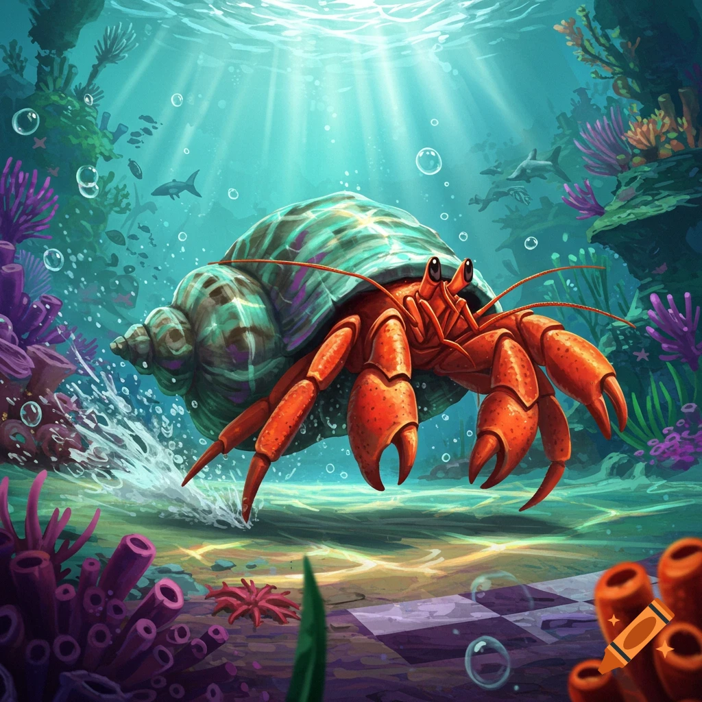 A vibrant hermit crab scuttling through a colorful coral reef.